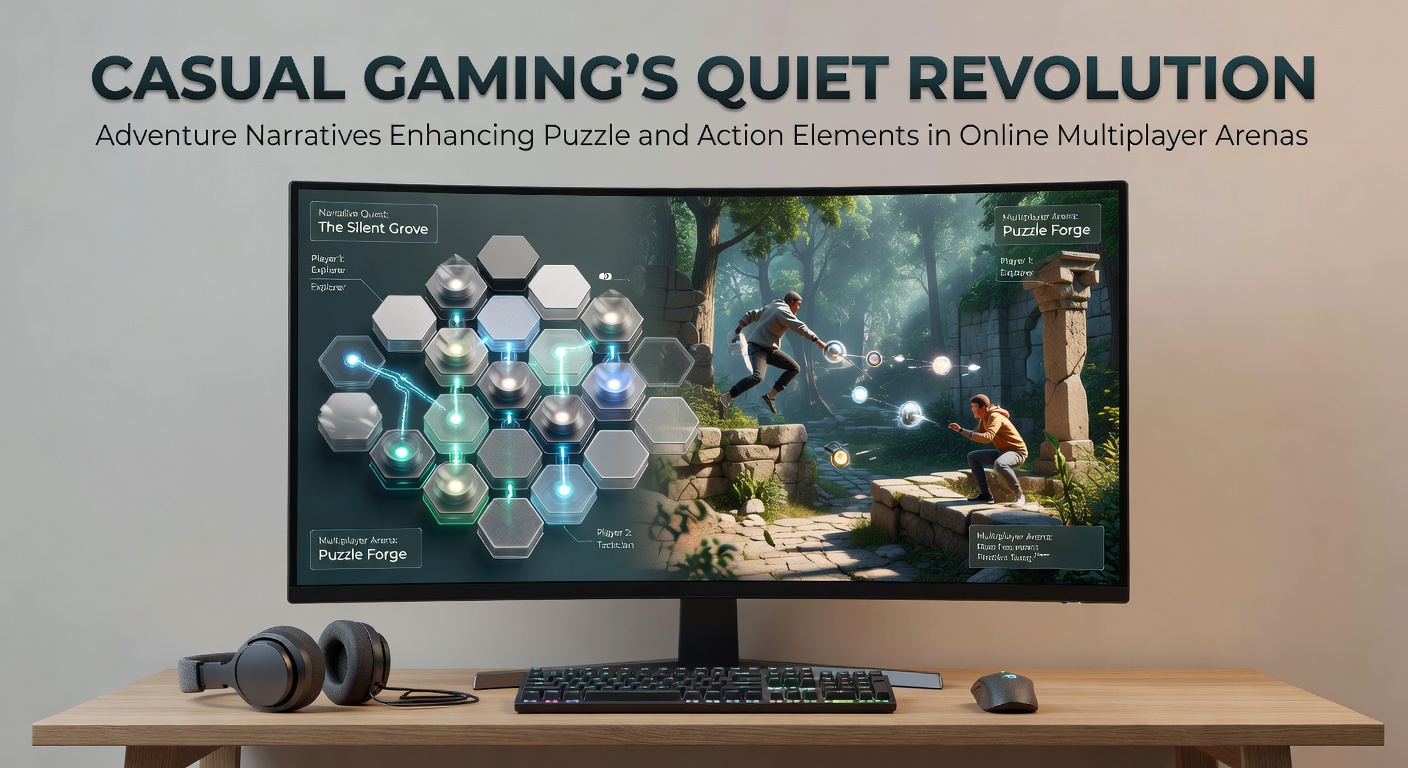 Players engaging in a narrative-driven puzzle challenge within a casual online multiplayer arena, blending story elements with strategic action sequences