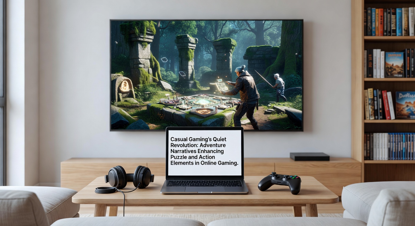 Team of casual gamers collaborating on an action sequence tied to an unfolding adventure narrative in a multiplayer online environment