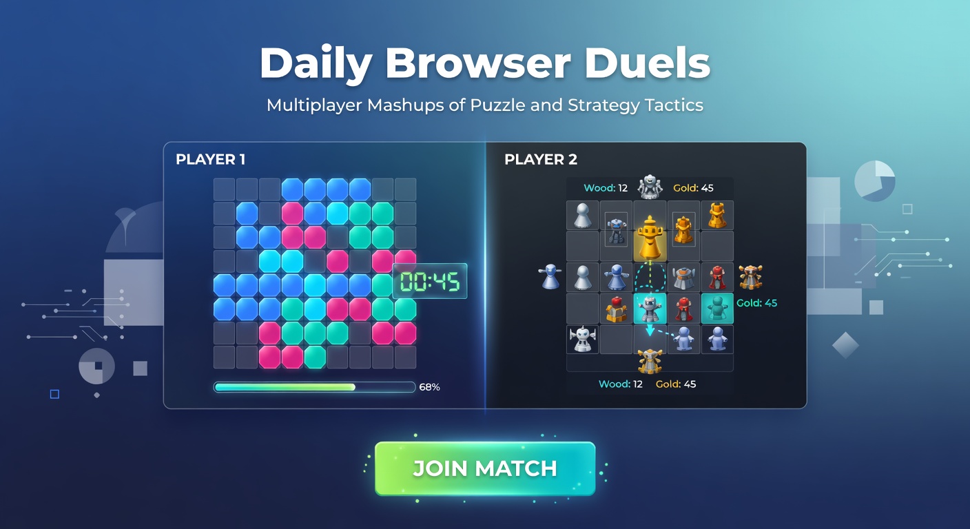 Close-up of a strategy puzzle board in a browser duel, showing chained combos deploying tactical units against an enemy's fortress
