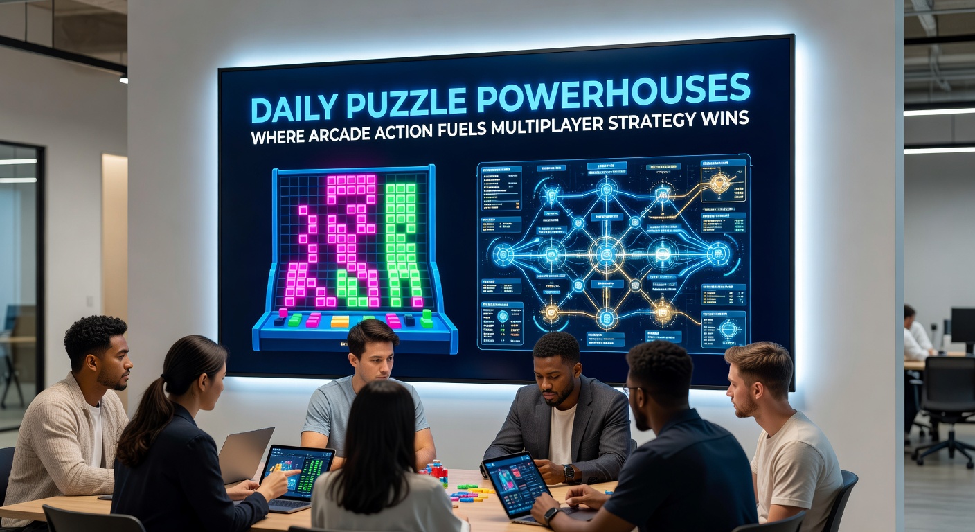 Vibrant arcade-style puzzle arena with players competing in fast-paced matching battles under glowing daily challenge banners