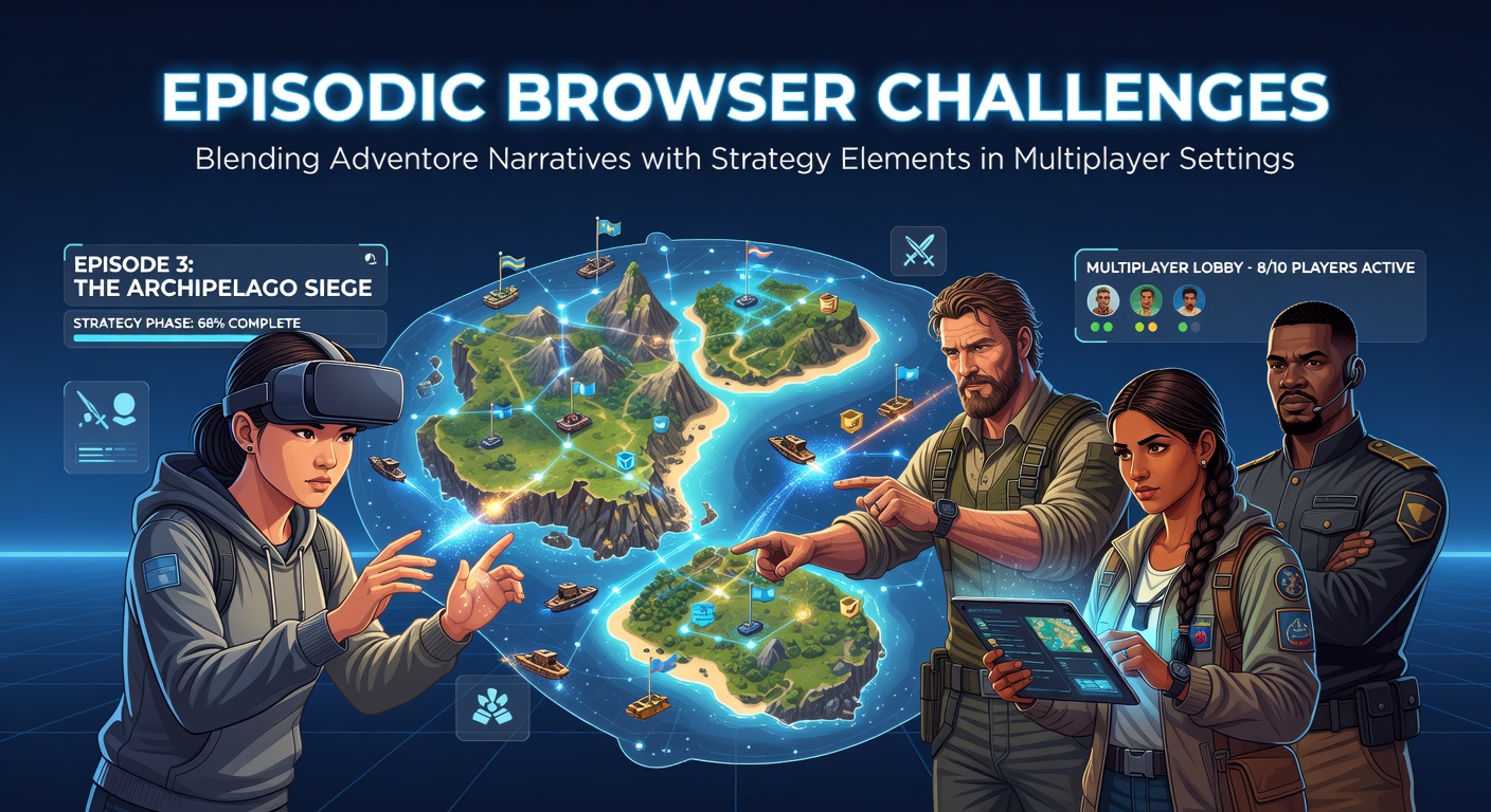Players collaborating in an episodic browser game interface showing narrative choices and strategy maps
