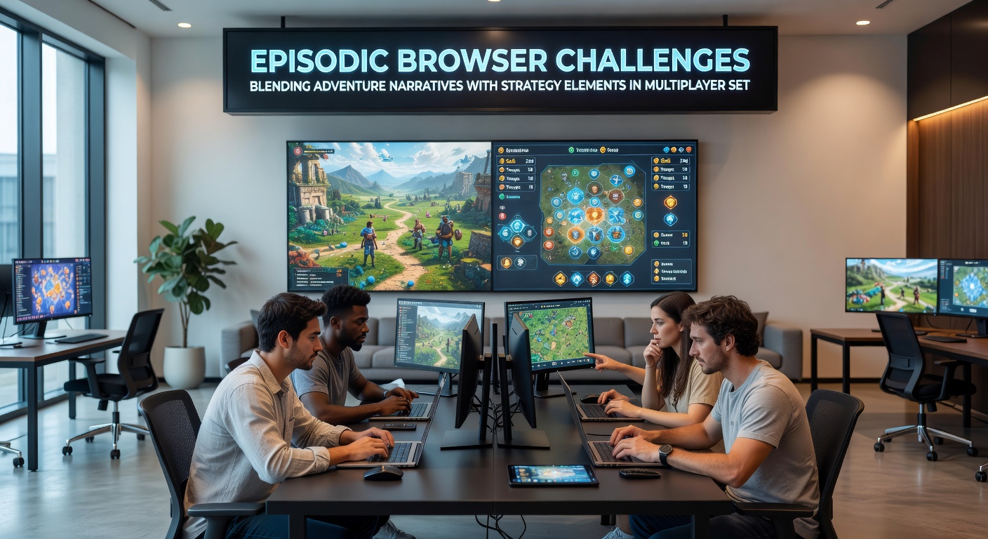 Strategic map overlay in a browser-based episodic challenge with adventure story elements visible in side panels