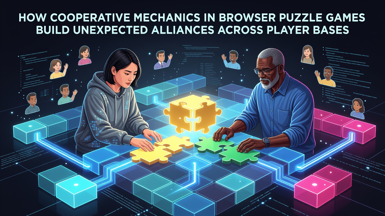 Players from different regions collaborating on a shared browser puzzle challenge displayed on multiple screens