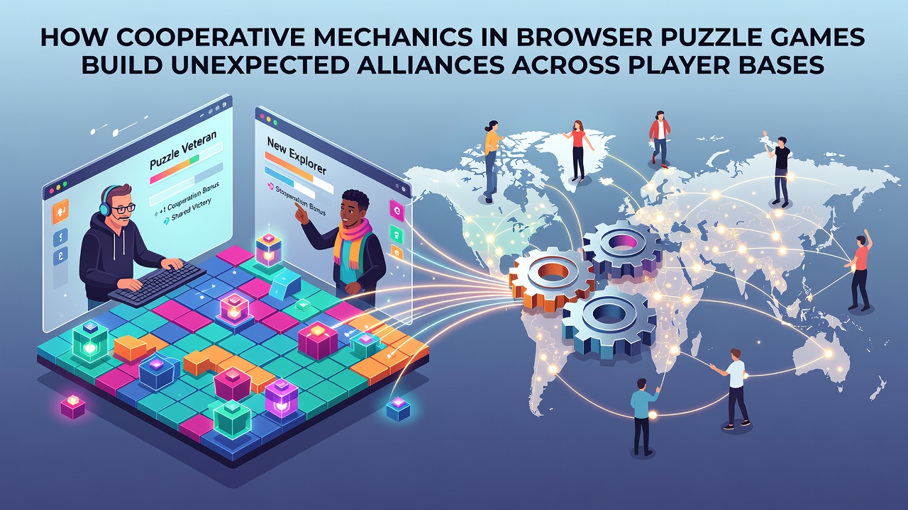 Diverse group of gamers discussing strategies during a cooperative browser puzzle session