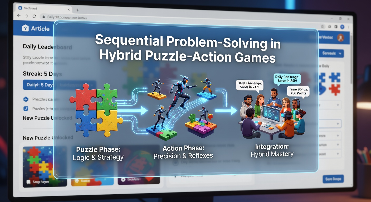 Browser game interface showing layered puzzle sequences combined with action elements and multiplayer daily challenge indicators