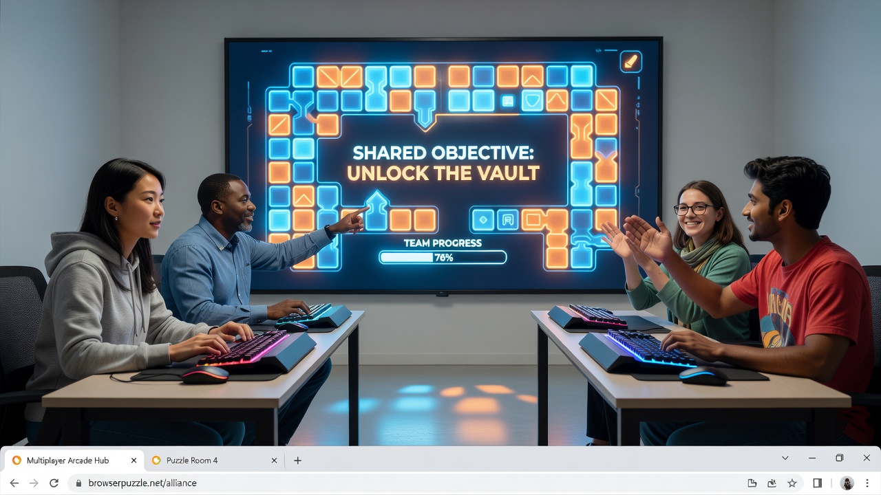 Players working together on shared puzzle goals in a browser-based arcade game interface