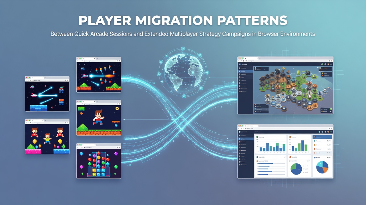 Illustration showing browser game interfaces transitioning from arcade style quick plays to detailed strategy campaign maps with player avatars moving between modes