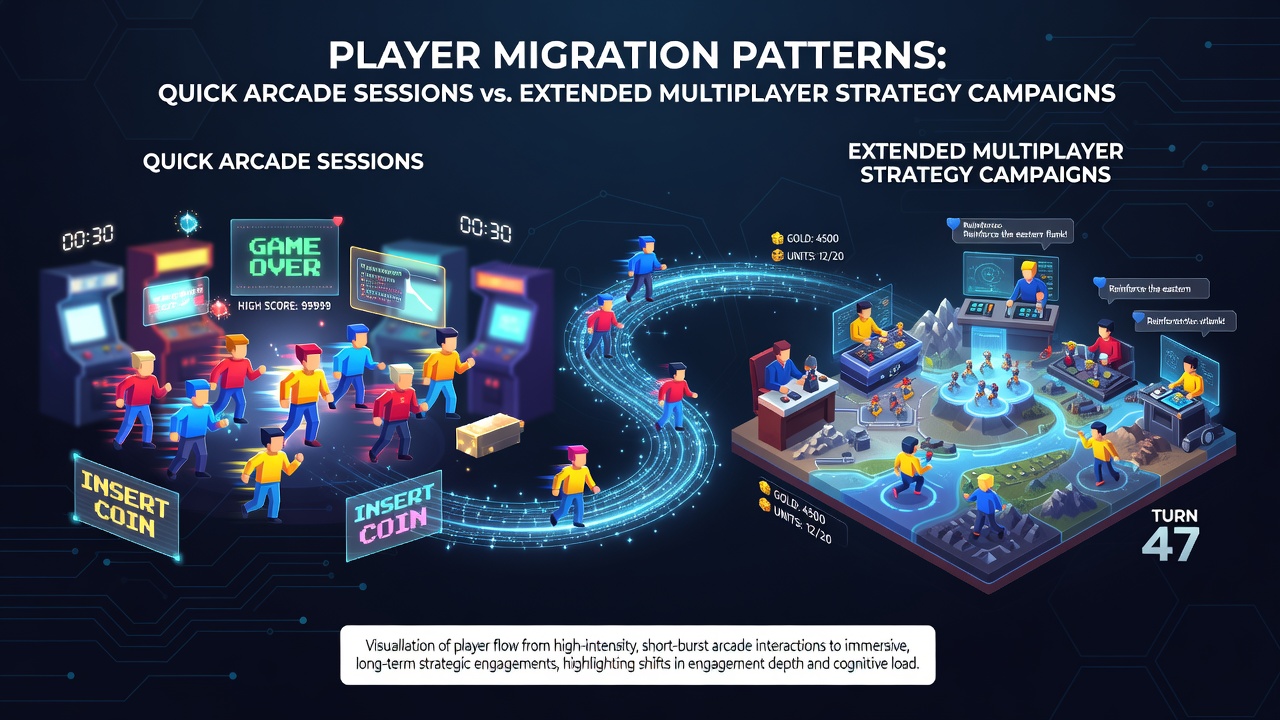 Graph and chart displays tracking player flow from short arcade sessions into extended strategy campaigns over a six-month period in browser environments