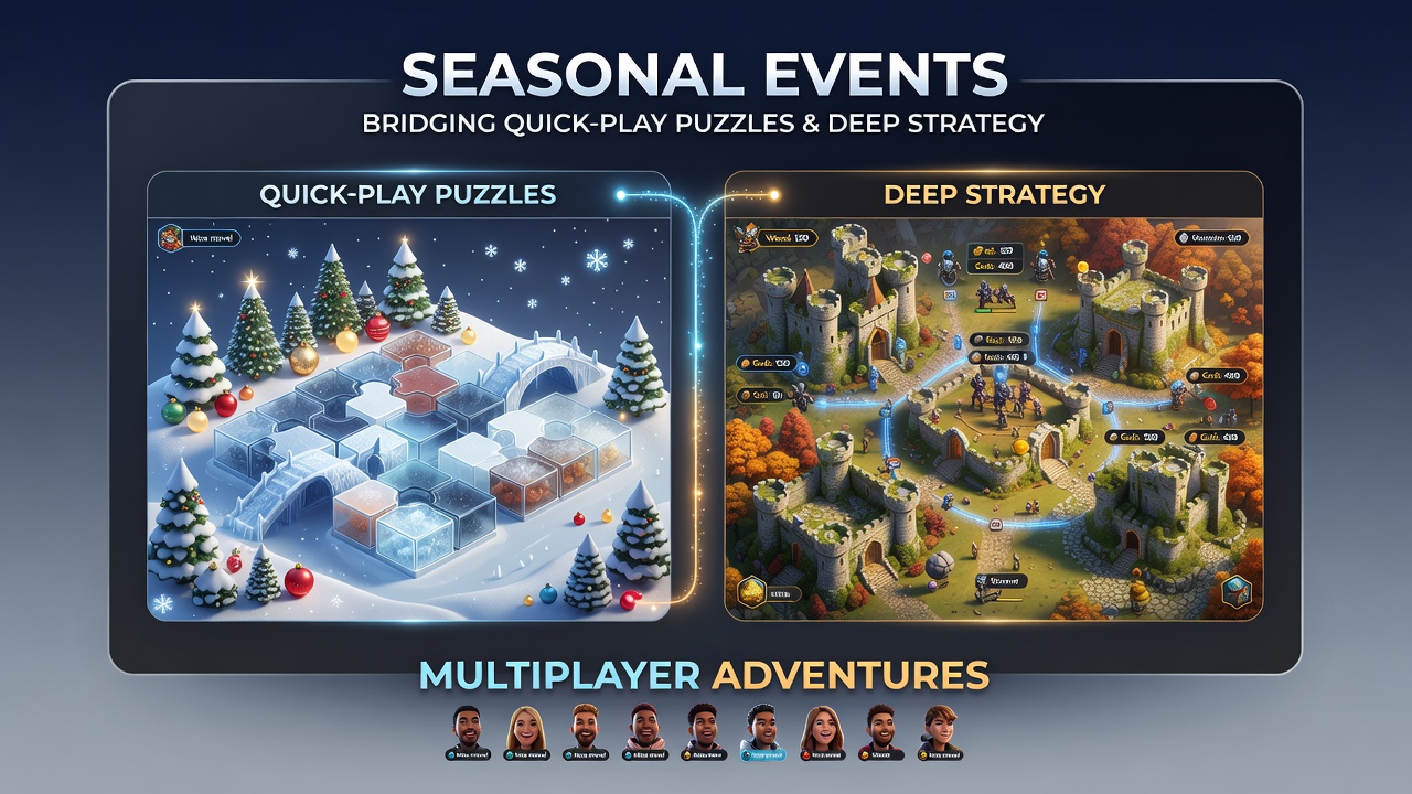 Players engaging with seasonal puzzle challenges that transition into multiplayer strategy sessions in browser games