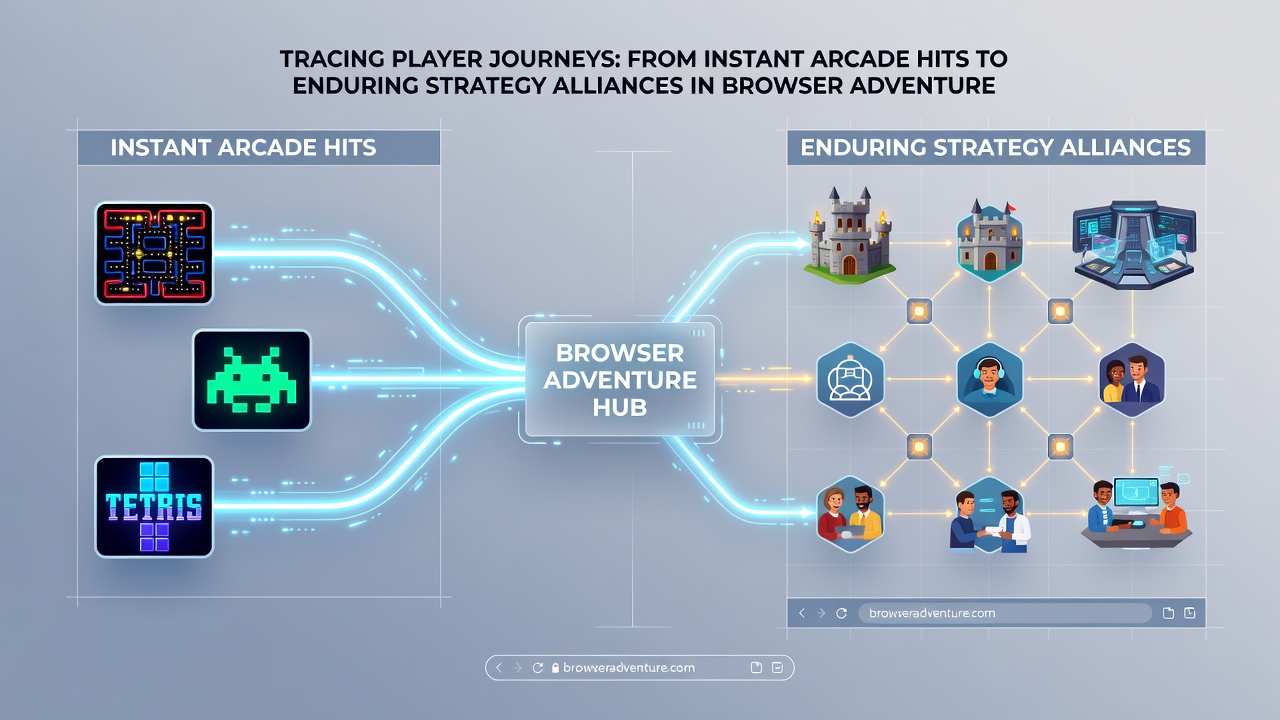 Diagram showing connections between arcade gameplay and long term strategy alliances within browser adventure titles