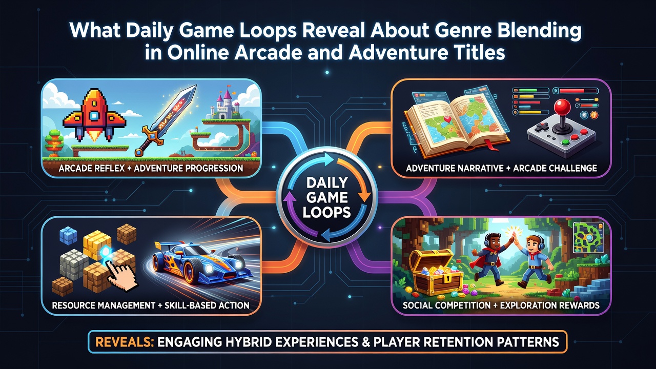 Players engaging with daily loops in blended arcade and adventure online games, showing quick sessions transitioning into narrative exploration
