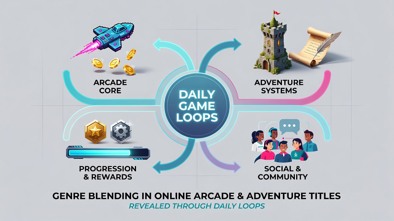 Interface showing progression from arcade challenges into adventure narrative elements within a single daily game loop